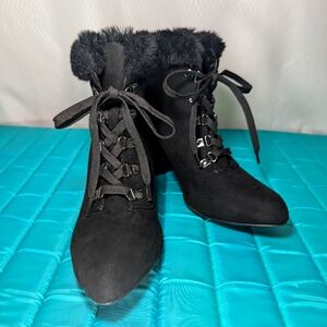 Bamboo "Vitality-19" Faux Suede/Fur Lace-Up High-Heel Boots, Black, Size10, NWT